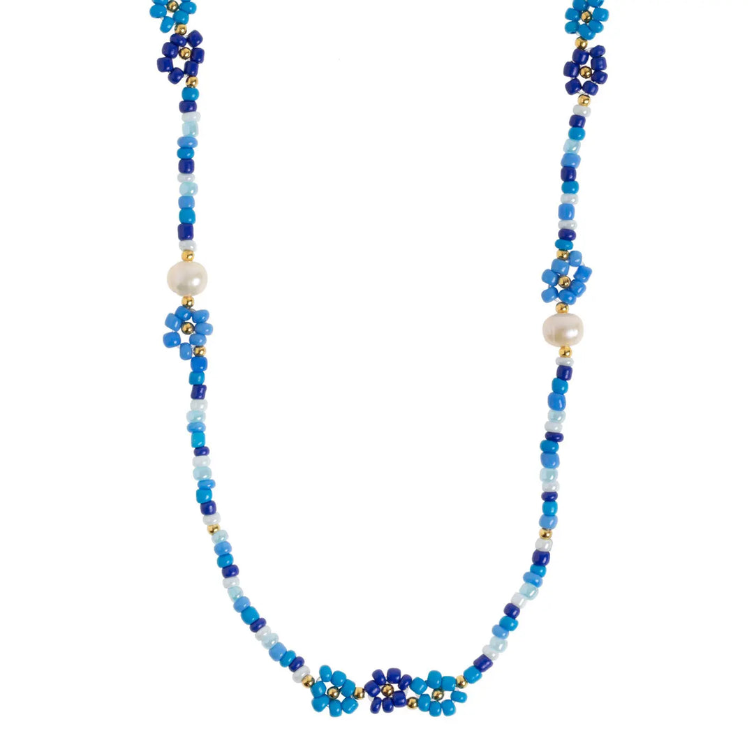 Elsa - Colorful Beads Flower and Pearl Blue Necklace