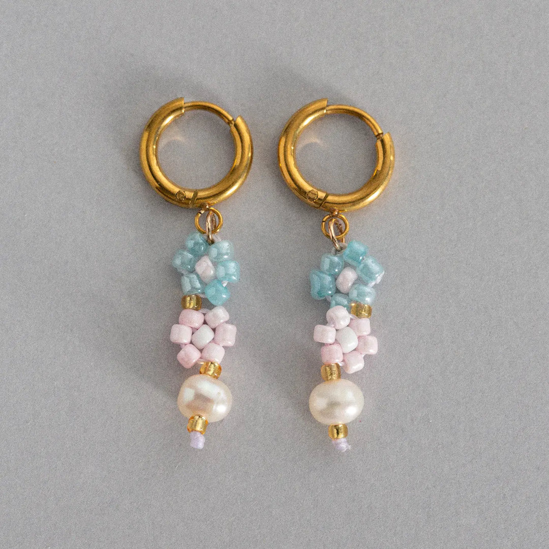 Fanny - Flower and Pearl Colorful Bead Summer Hoop Earrings  | Timi of Sweden