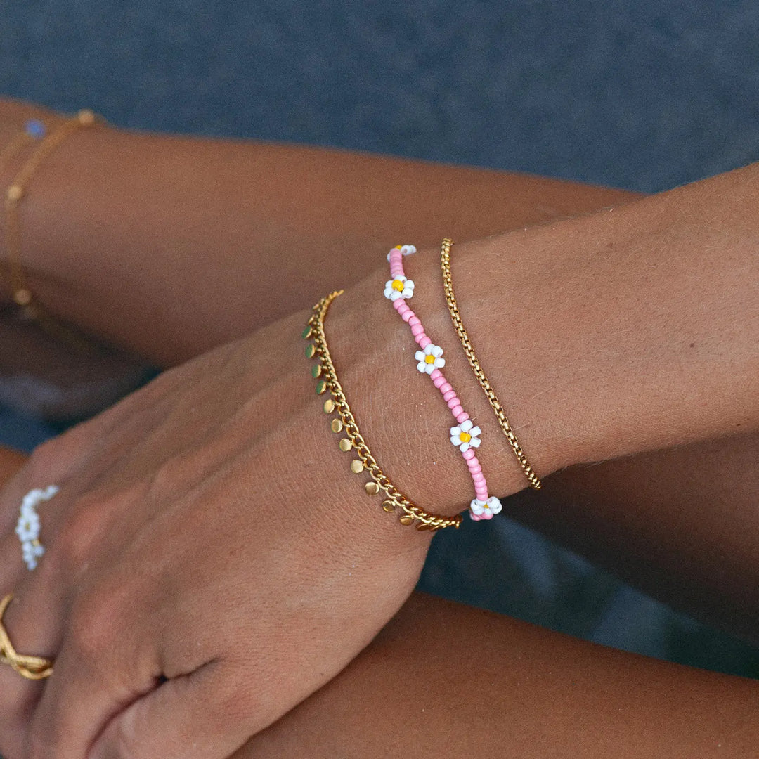 Fia - Daisy Flowers Pink Bead Summer Bracelet Timi of Sweden