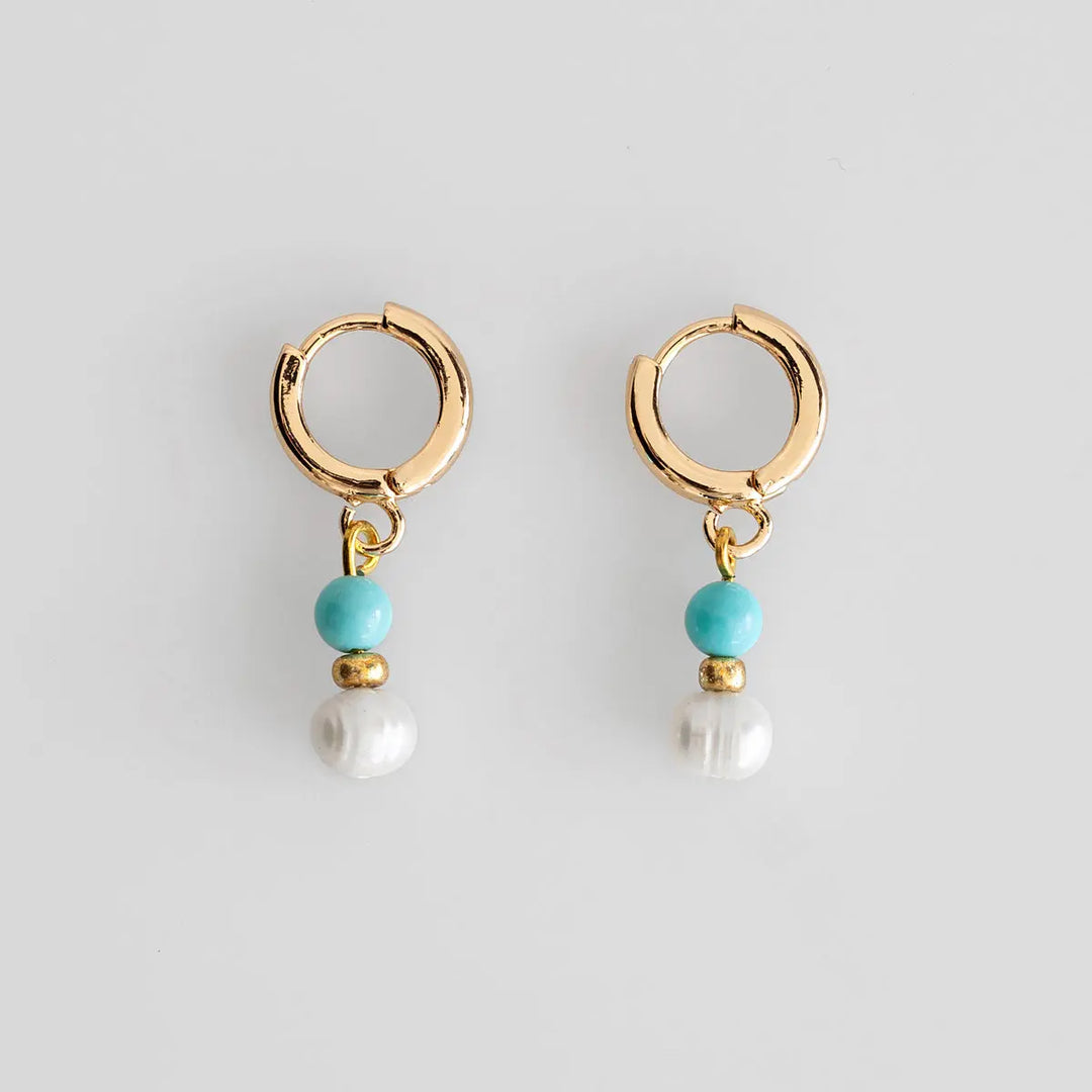 Turqoise Bead with Pearl Hoop Earrings