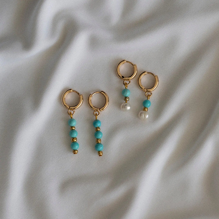 Turqoise Bead with Pearl Hoop Earrings