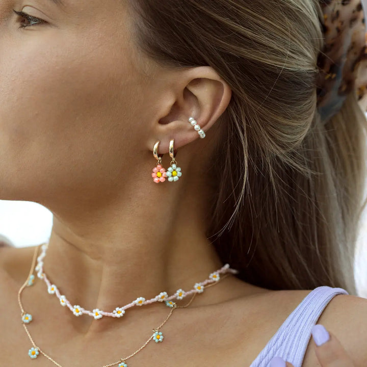 Mint Flower Bead Hoop Earring